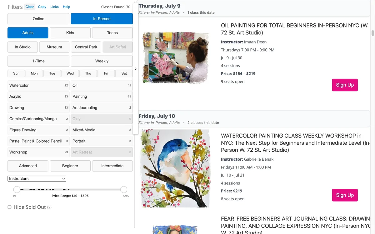 Screenshot of Art Studio NY class finder