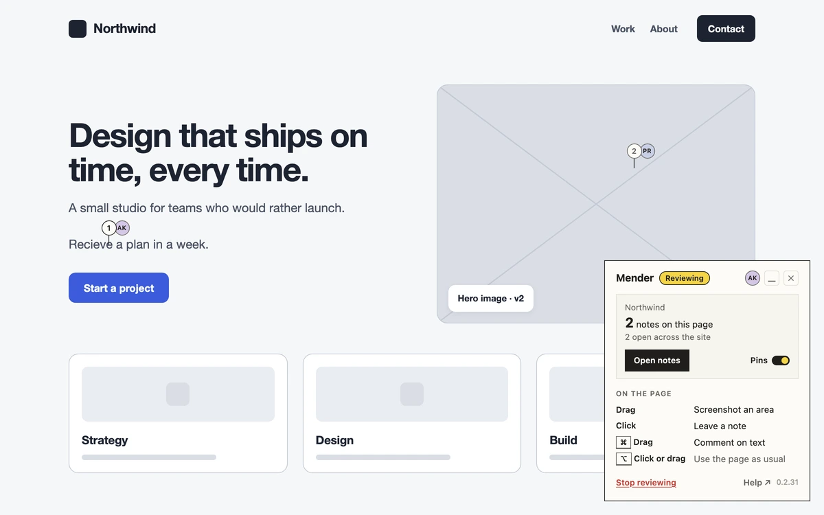 Mender reviewing a wireframe homepage: two numbered pins from two reviewers, one planted squarely on a 'Recieve' that nobody will miss now, beside the Reviewing panel with its notes count and a short guide to drag, click, and comment.